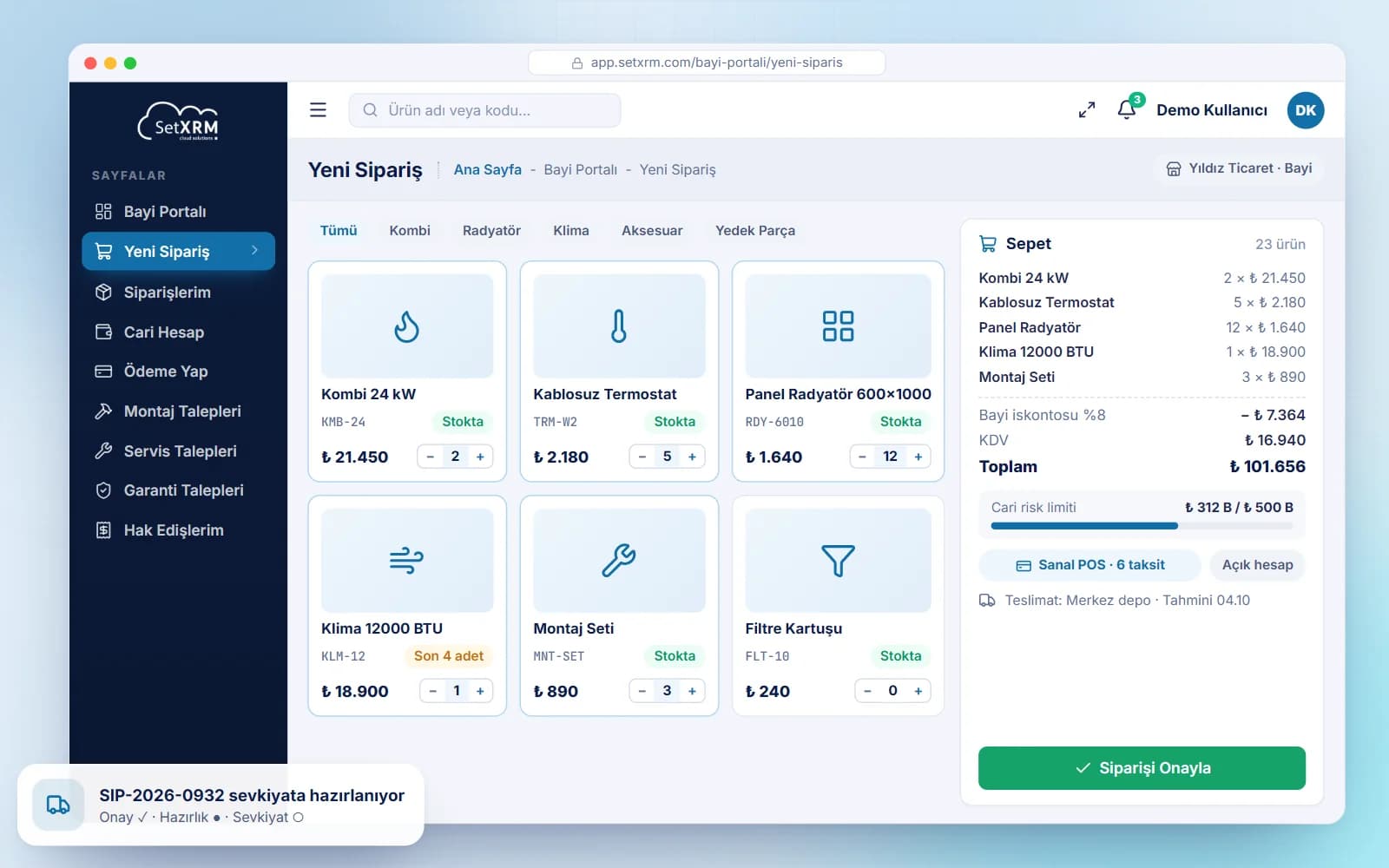 SetXRM bayi portalı sipariş ekranı: ürün kataloğu, sepet, cari risk ve sanal POS