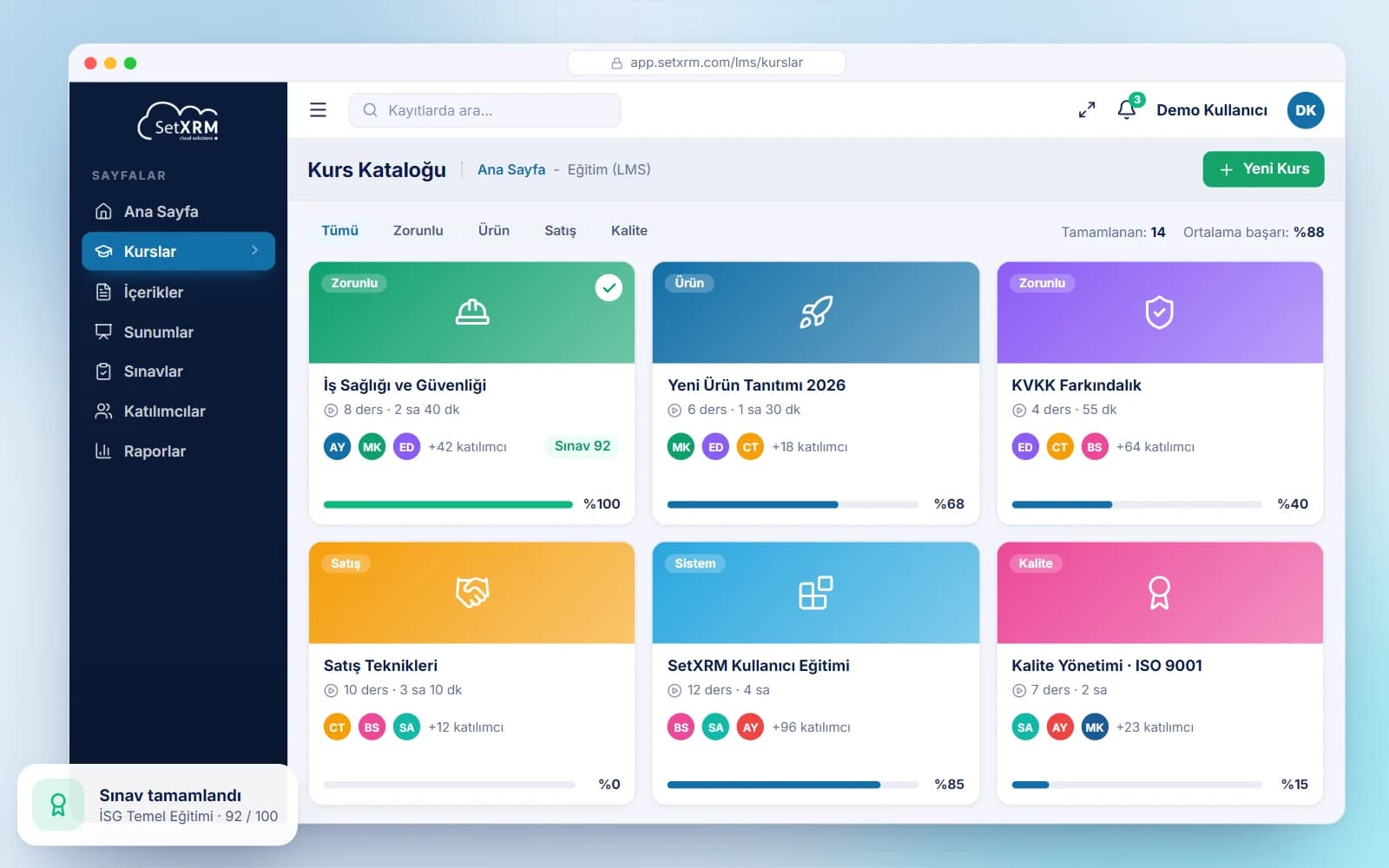 SetXRM LMS kurs kataloğu: dersler, katılımcılar ve ilerleme durumu
