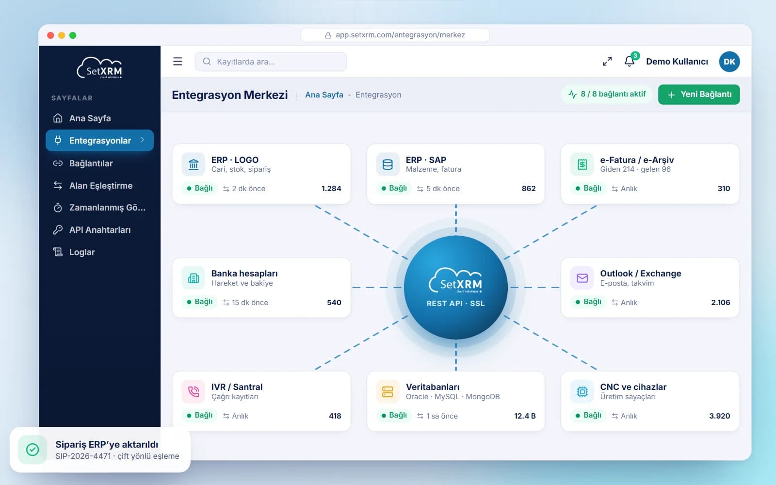 SetXRM integration hub with ERP, e-invoice, bank, e-mail, IVR and database connections