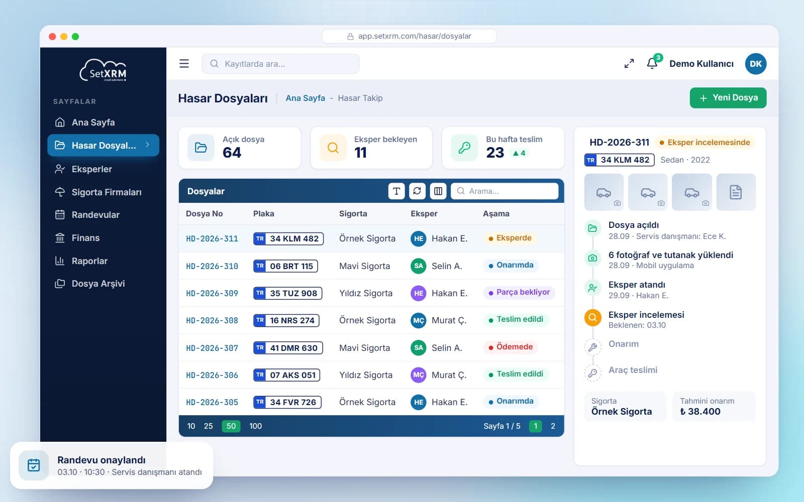 SetXRM hasar dosyaları: plaka, sigorta, eksper ve dosya aşamaları