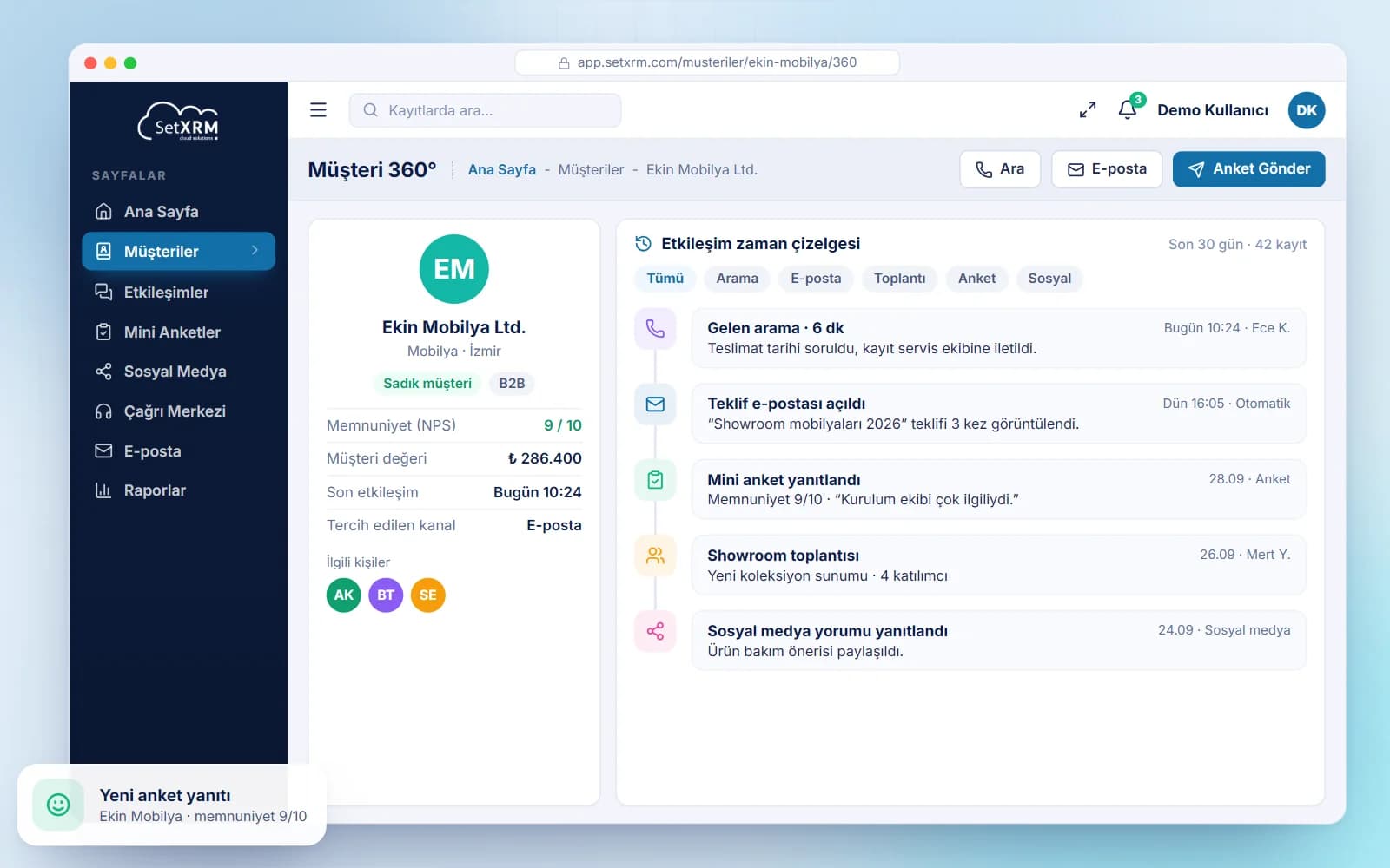 SetXRM müşteri 360° görünümü: arama, e-posta, toplantı ve anket etkileşimleri