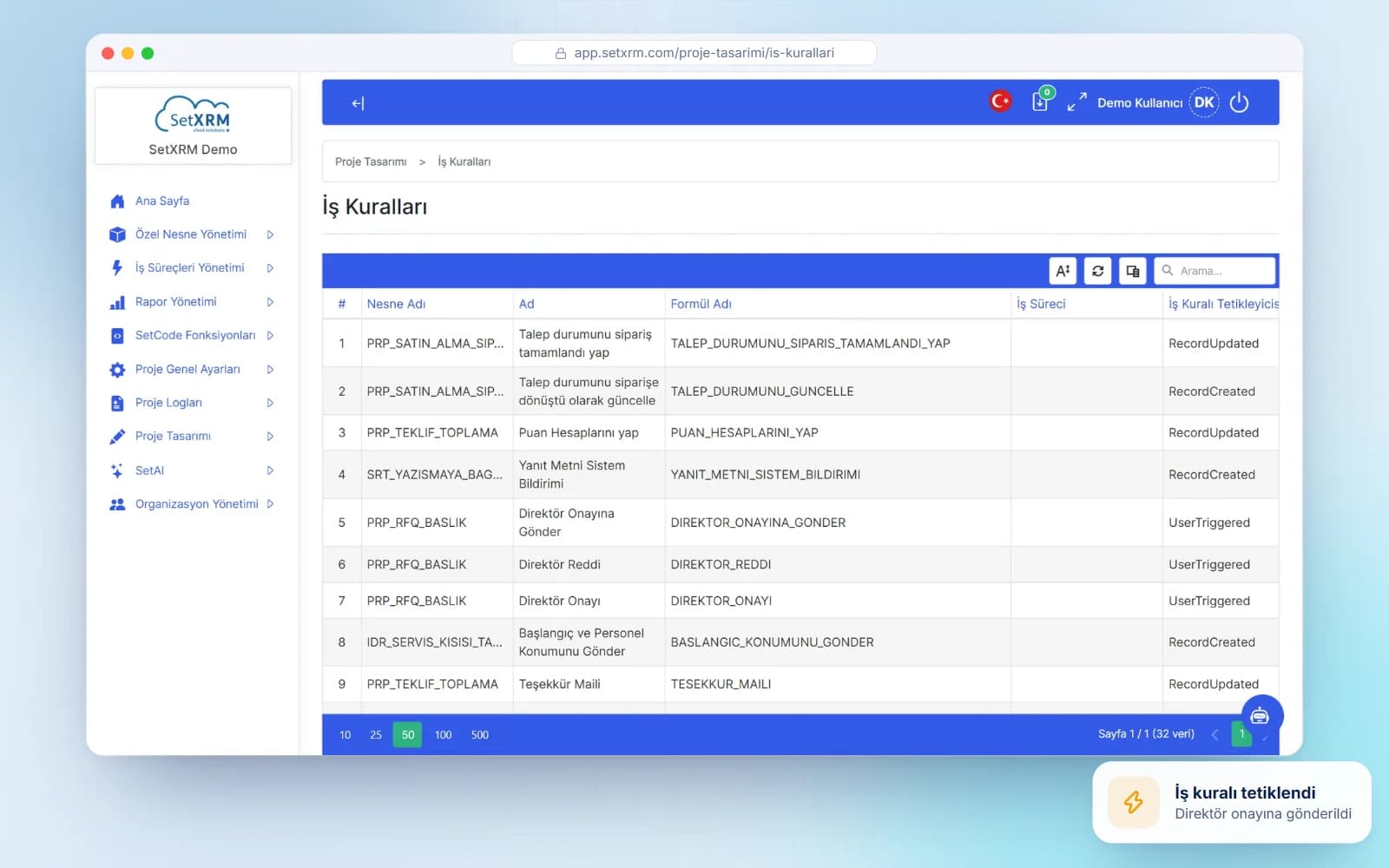 SetXRM iş kuralları listesi (gerçek ekran görüntüsü)