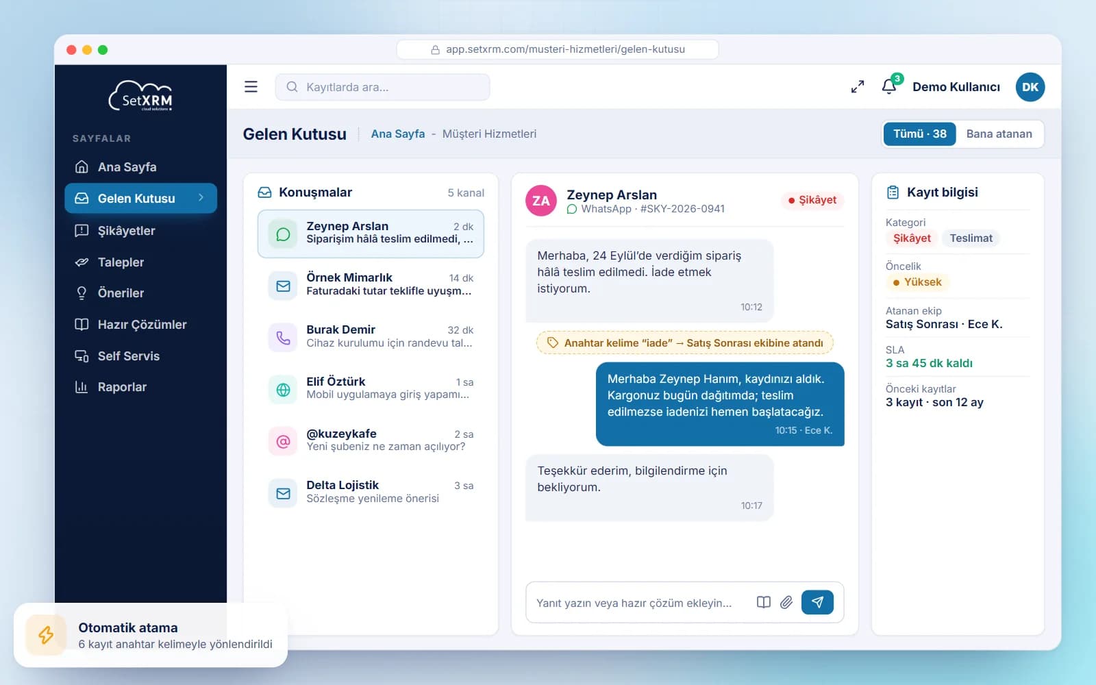 SetXRM çok kanallı gelen kutusu: e-posta, WhatsApp, telefon ve web kayıtları