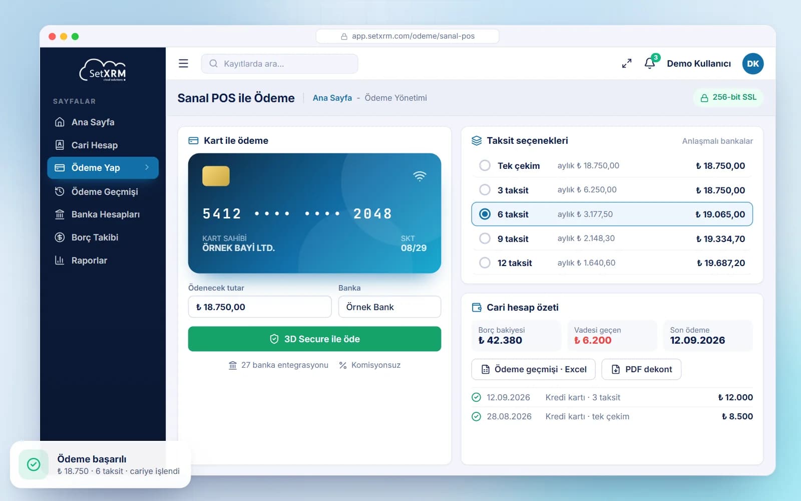 SetXRM sanal POS ödeme ekranı: kart ödemesi, taksit seçenekleri ve cari özet