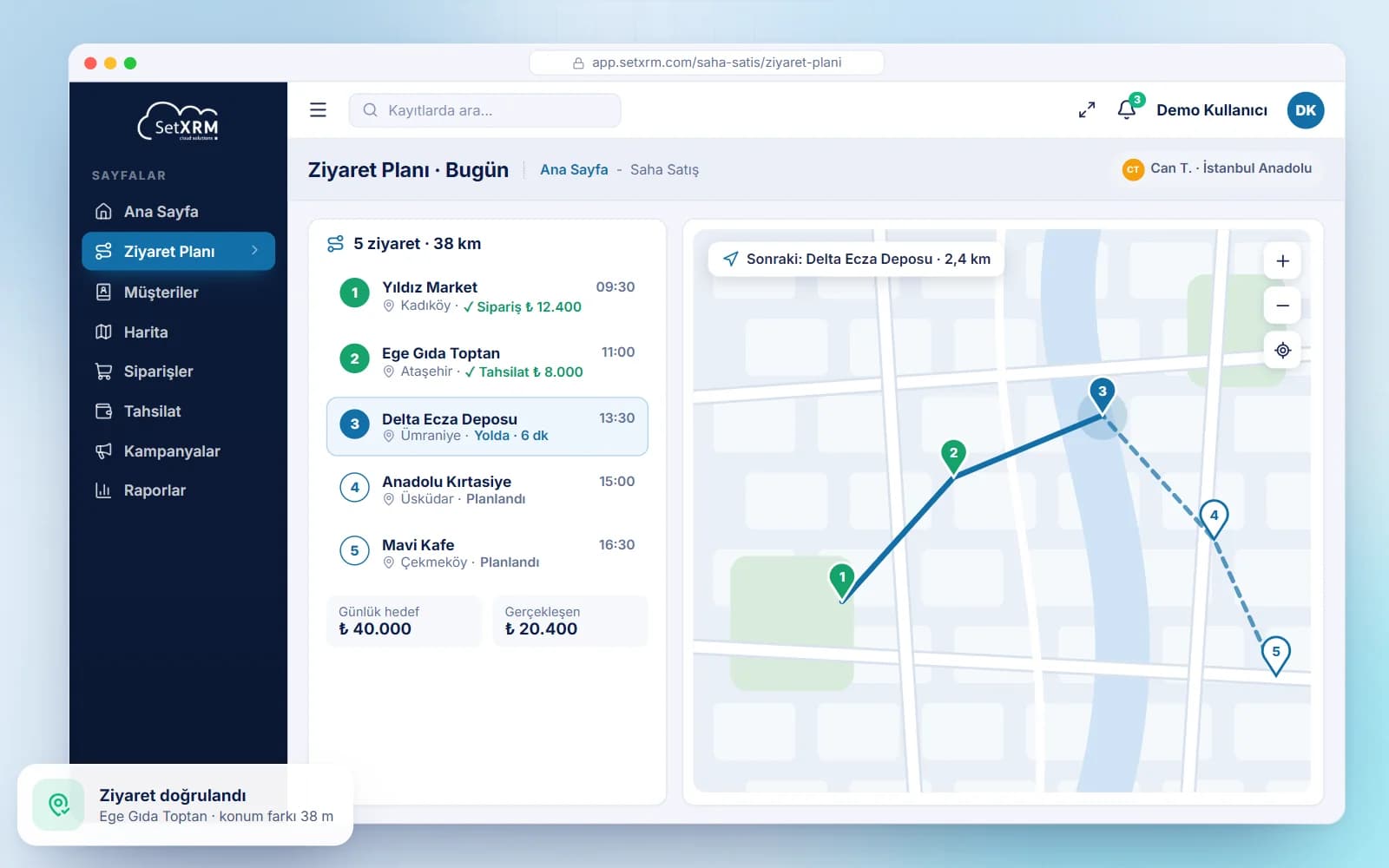 SetXRM daily visit plan with the sales route on a map