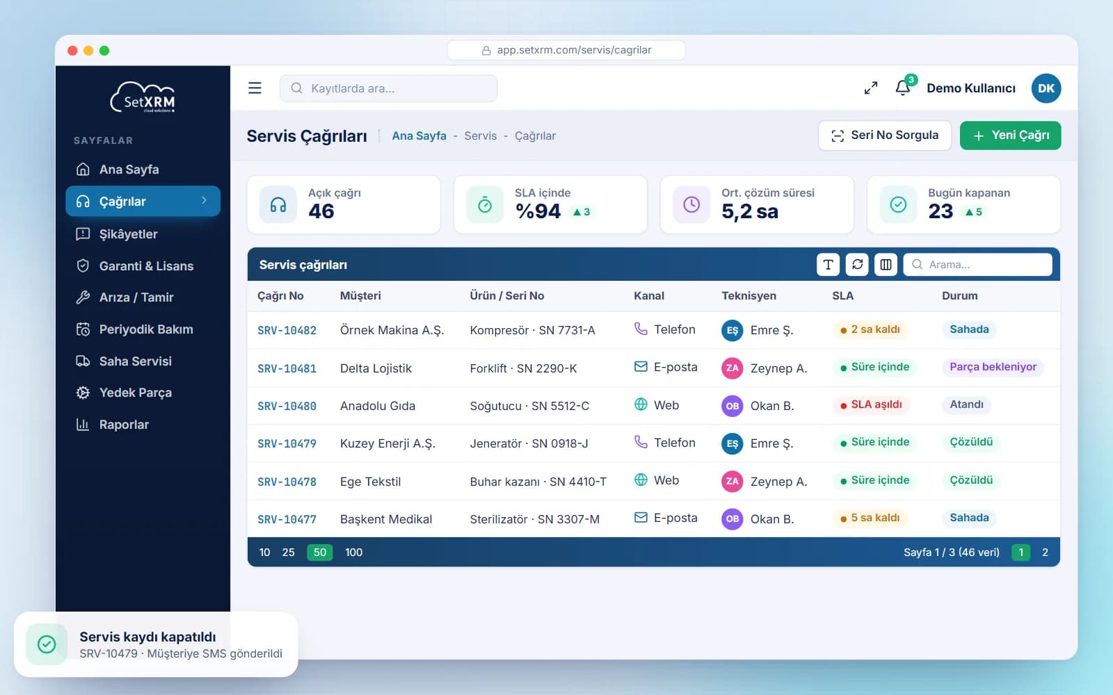 SetXRM servis çağrıları listesi: kanal, teknisyen ve SLA durumları